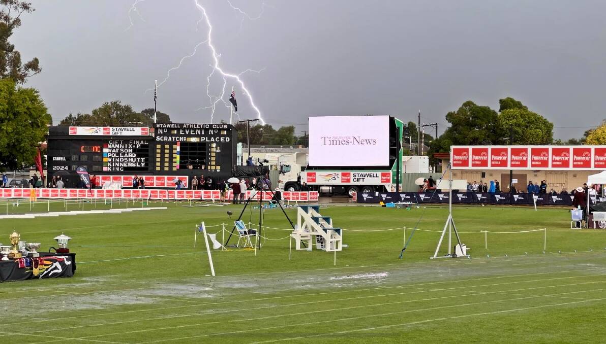 More than 33mm fell on Monday, April 1, including 16.2mm from 1.30-4.30pm, leaving everyone except essential Stawell Gift staff and competitors to find shelter. Picture by Ben Fraser