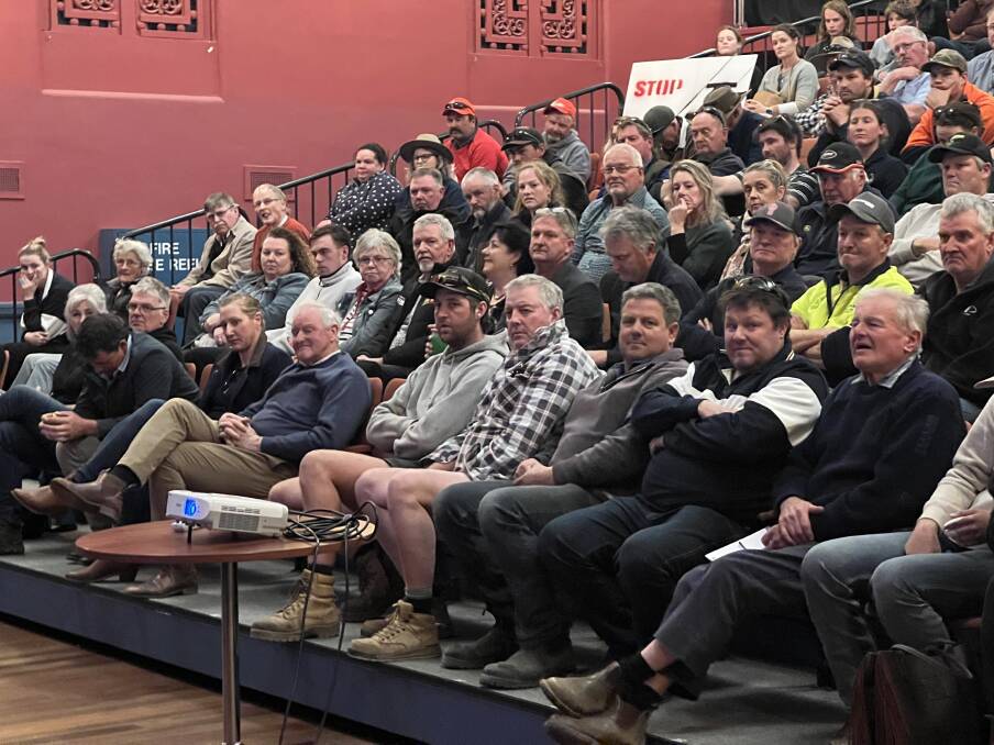 A sizeable crowd filled the Stawell Entertainment Centre to speak with representatives for the proposed VNI West transmission line on Monday, October 16, 2023. Picture by Ben Fraser