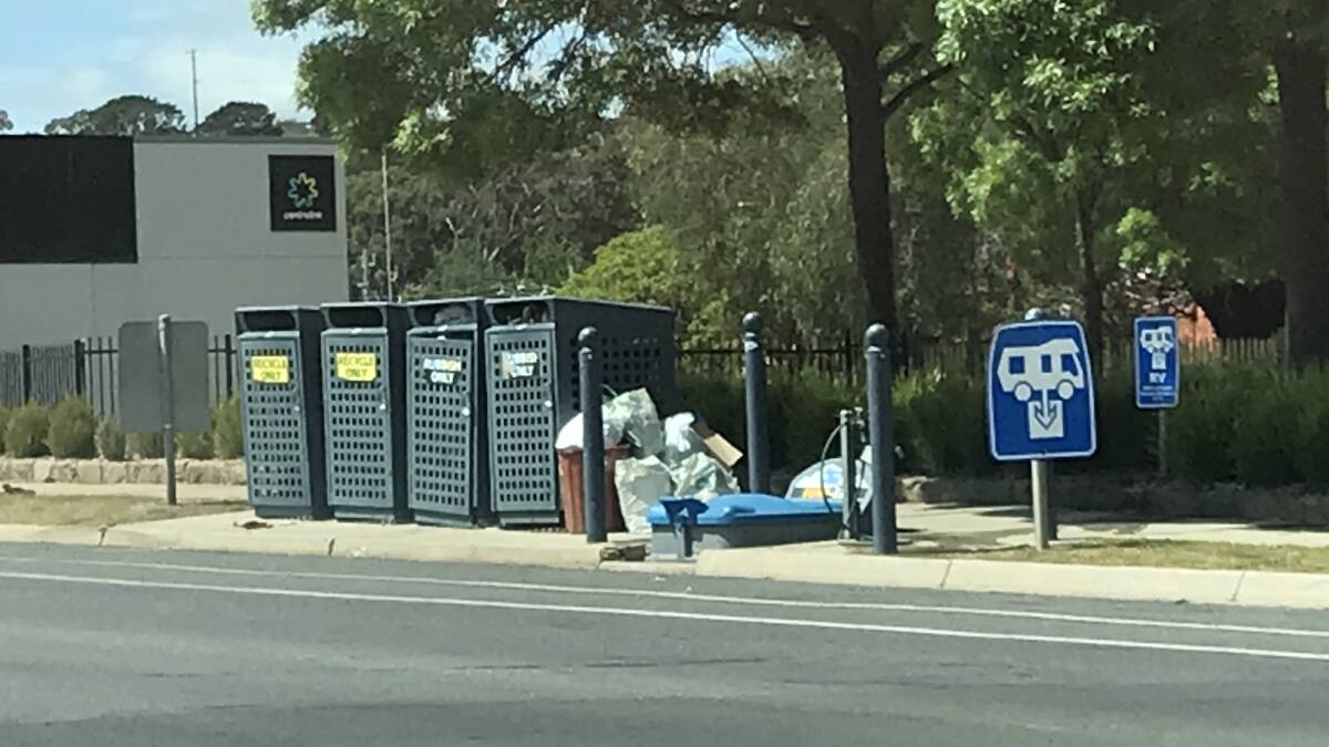 DUMPED: Rubbish was dumped at the bins near the entrance of the Albion Carpark in Stawell on Sunday. Picture: CASSANDRA LANGLEY