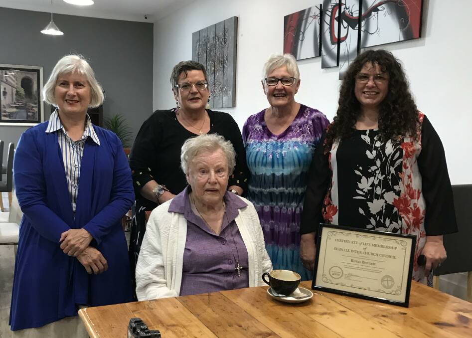 RECOGNITION: Rev Susan Pearse, Mary Rita Thomas, Jo Bertram and Lynn Pitcher congratulate Roma Bennett on her achievement. Picture: CONTRIBUTED