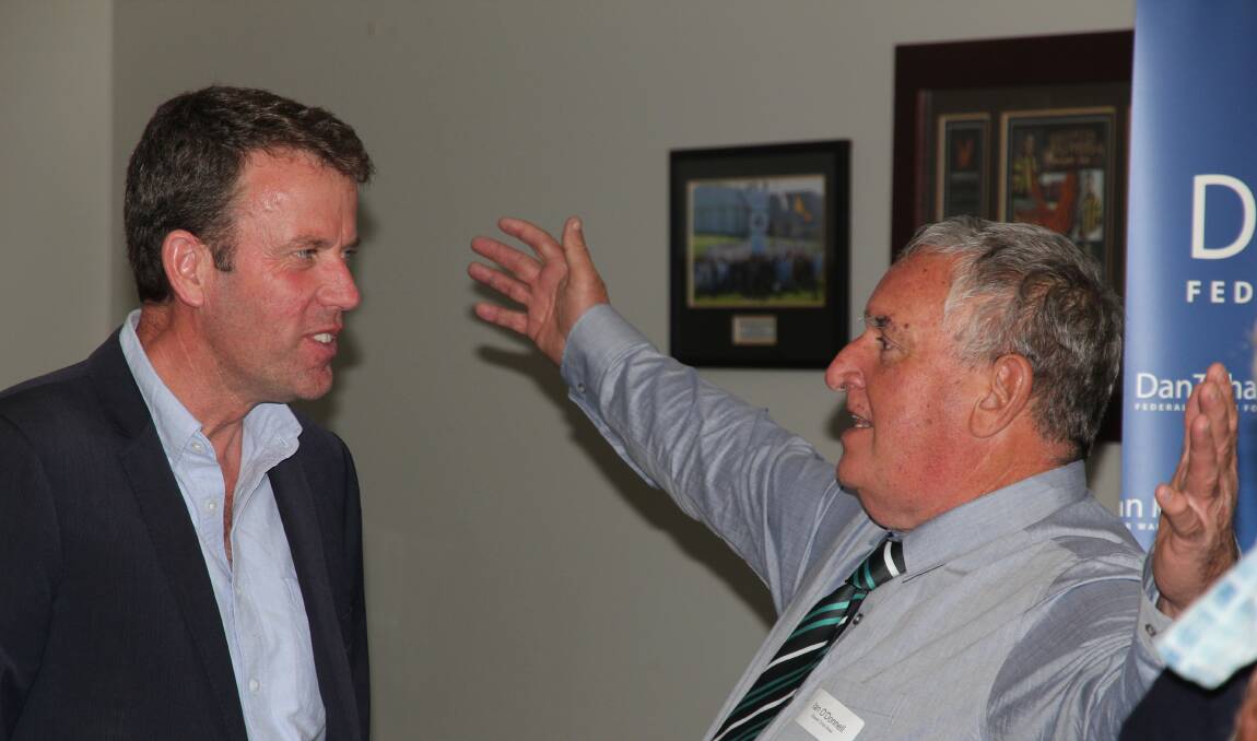 WARM WELCOME: Member for Wannon Dan Tehan greets Stawell's Ian O'Donnell at the awards ceremony. Picture: CONTRIBUTED
