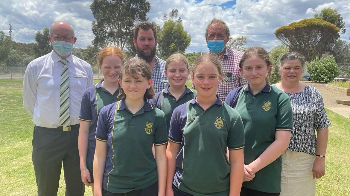 OPENING: Executive director of catholic education Ballart Tom Sexton, St Patricks Primary School principal Chris McAloon, Northern Grampians Shire mayor Tony Driscoll and St Patricks Primary School council member Michelle Jess with students leaders at the new oval. Picture: CASSANDRA LANGLEY