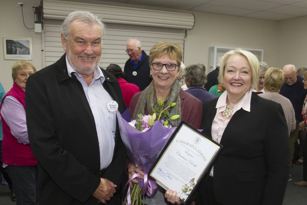 AWARDED: Ararat Legacy president Robert Irvine with award recipient Christine Doak and Ripon MP Louise Staley. Picture: CONTRIBUTED