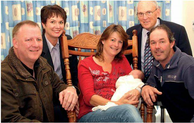 Dr Norman Castle with Scott Fraser (first baby -22/2/1956), Claire Letts (DCS), Karen Hyslop holding Blake Robert Hyslop (last baby-14/10/2009) and Colin Hyslop