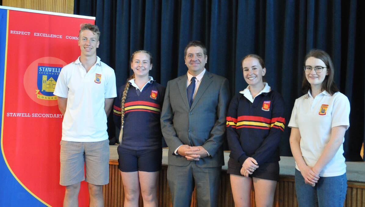 NEW LEADERS: Stawell Seconadry College announced its new student leaders for 2021; vice captain Lachlan Dalking, captain Gemma Senior and Charli Peters, school principal Carlos Lopez and vice captain Melissa Sanders. Picture: CASSANDRA LANGLEY