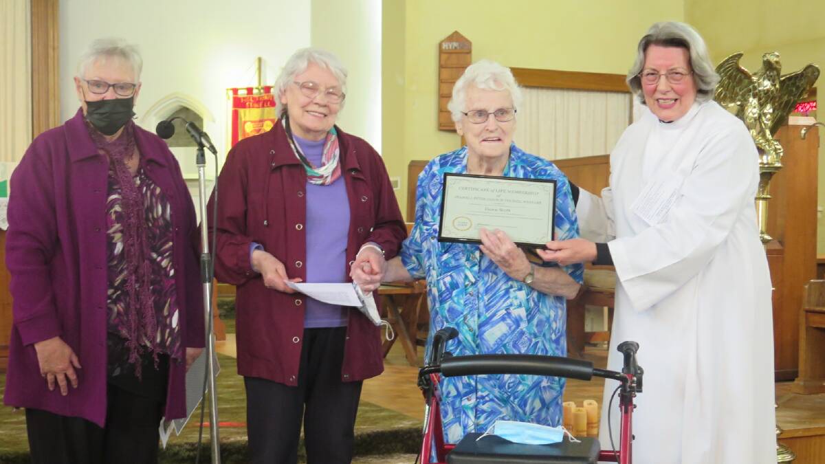 RECOGNITION: Inter Church Council president Jo Bertram, Inter Church Council welfare chair Margaret Rowe presenting the certificate of life membership to Dawn Scott with Rev Heather Scott. Picture: CONTRIBUTED