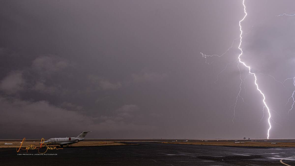 BIG STORM: Lightning strikes at Horsham aerodrome early Monday morning. Picture: LYNTON BROWN LANDSCAPES
