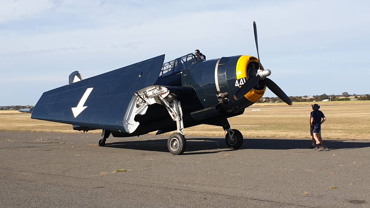 UNUSUAL: A Grumman Avenger arriving at the Nhill aerodrome on Thursday. Picture: CONTRIBUTED.