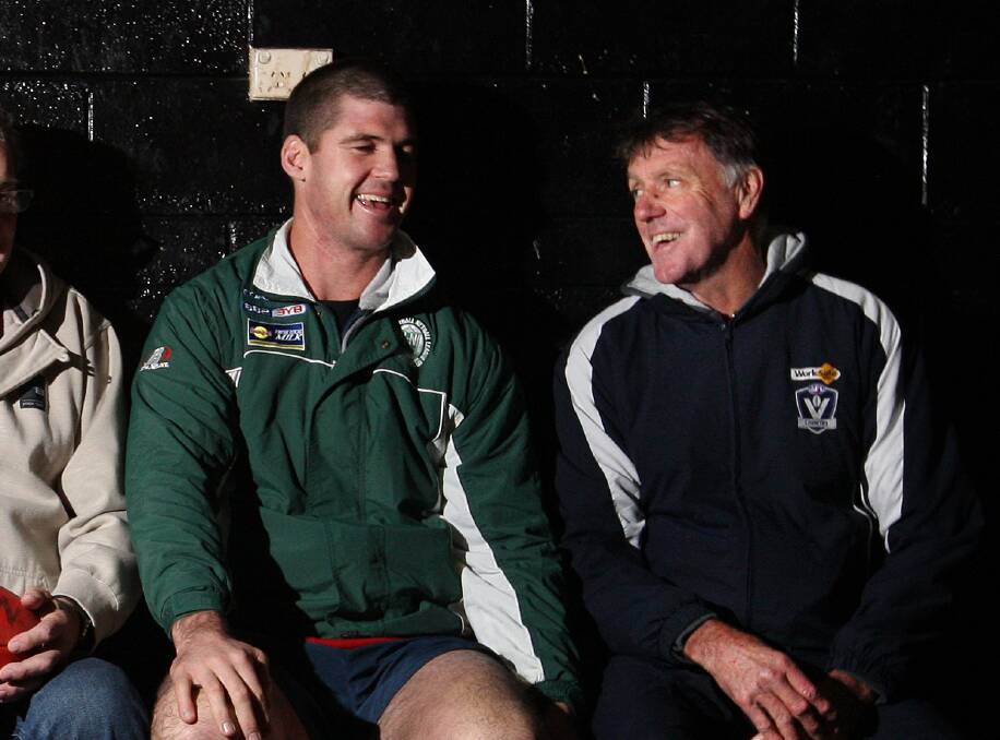 BACK IN THE DAY: Jonathan Brown (Brisbane) and Alan Thompson (Fitzroy) catch up during a South Warrnambool reunion of AFL players in 2015.