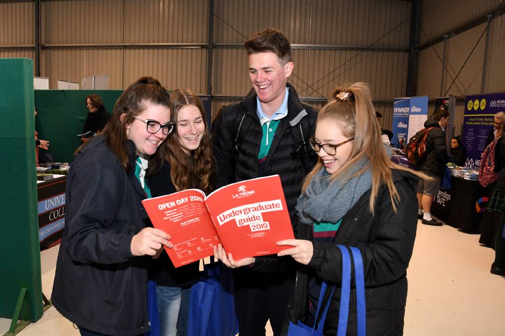 Nhill College students Katlyn Miller, Kayde Taylor, Bailey Zimmermann and Tempany Croot at the Western Victorian Careers Expo in August. Picture: SAMANTHA CAMARRI