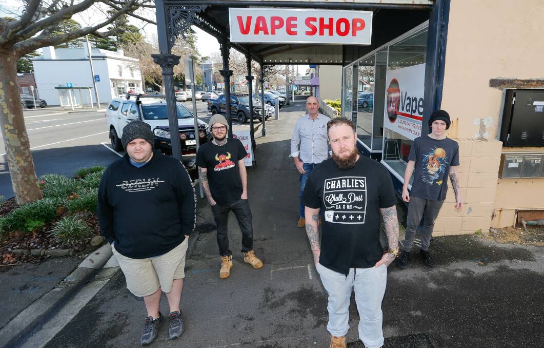 Warrnambool Vape Shop owner Nathan Vail (front) with customers Andrew Flood, Jamie Strudwick, Daryl Wilde and Seth Jenkins. Picture: Anthony Brady.