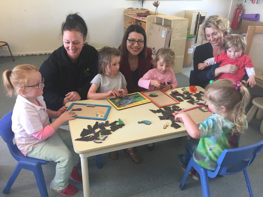 PLAYTIME: Isabelle, left, with teacher Kerri Turner, Georgia, Minister Jenny Mikakos, Heidi, Labor candidate for Ripon Sarah De Santis, Michael and Maddi at the Ararat Early Learning Centre. 