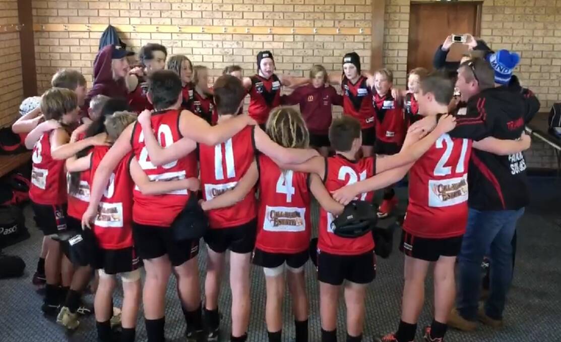 Stawell's under-14 football side celebrates a memorable win over the Southern Mallee Giants