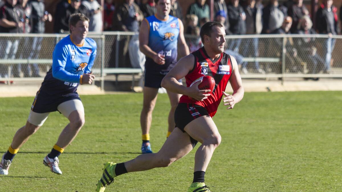 GOAL KICKER: David Andrivon booted three goals for Stawell against Nhill. He has kicked 29 goals this year. Picture: Peter Pickering. 