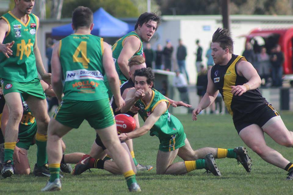 RELEASE: Navarre's Lachie Wilkinson dishes out a handball to a teammate in his side's big elimination final win over Royal Park. Picture: Jodie Grinham