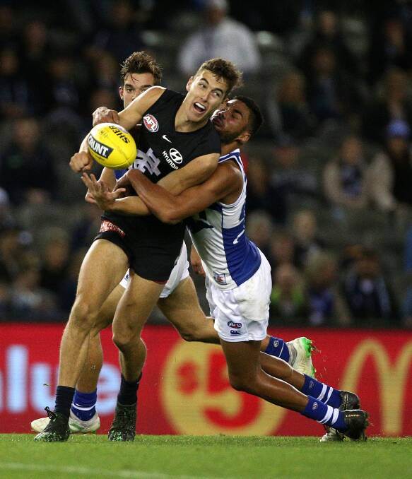 Tom Williamson in his return game for Carlton against North Melbourne this year. Picture: AAP Image/Hamish Blair