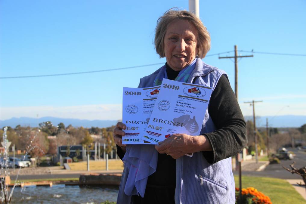 Nancy Gibson proudly shows off her newest pie awards. Picture: LACHLAN WILLIAMS