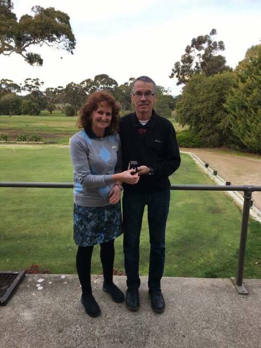 Max Waters receives the July monthly medal from sponsor Tania Dignan of Digger's Mobile Crutching. Waters is atop the Stawell Windows and Glass Cup standings. 