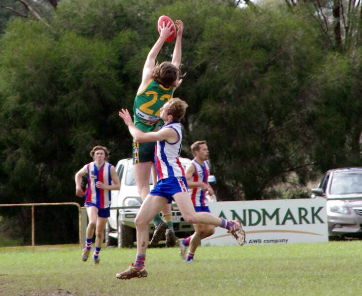 Riley Bibby takes a strong mark. He kicked five goals against Avoca. 