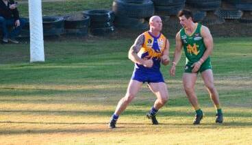 BUSTLING: Ex-AFL star Barry Hall and Ash Driscoll battled it out at Harcourt.