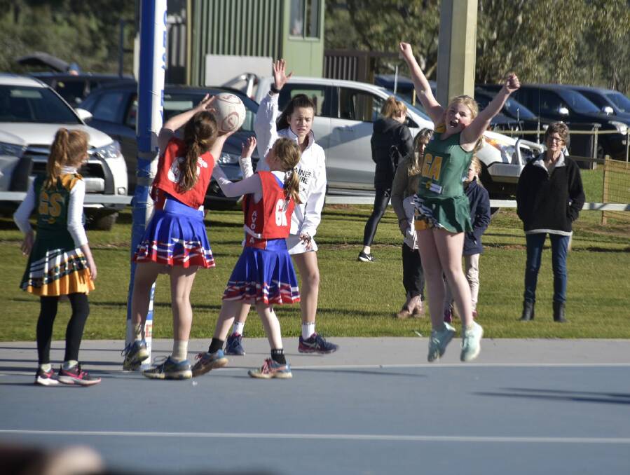 SCORE: Navarre under 11 netballer Angie Martin jumps for joy after hitting an important goal in last week's clash with Avoca. The young Hoppers face off in an elimination final clash against Lexton this Sunday.