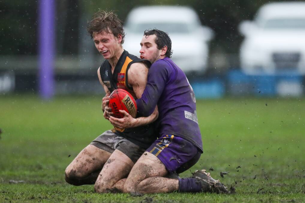 Nhill recruit Ed Pritchard is tackled while playing for Portland during the 2019 Hampden league season. Picture: MORGAN HANCOCK/WARRNAMBOOL STANDARD