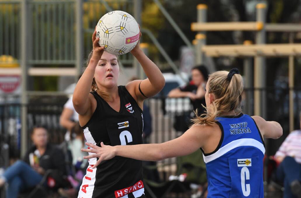 Ashlee Grace looks for a pass in the season opener against Minyip-Murtoa. Picture: SAMANTHA CAMARRI