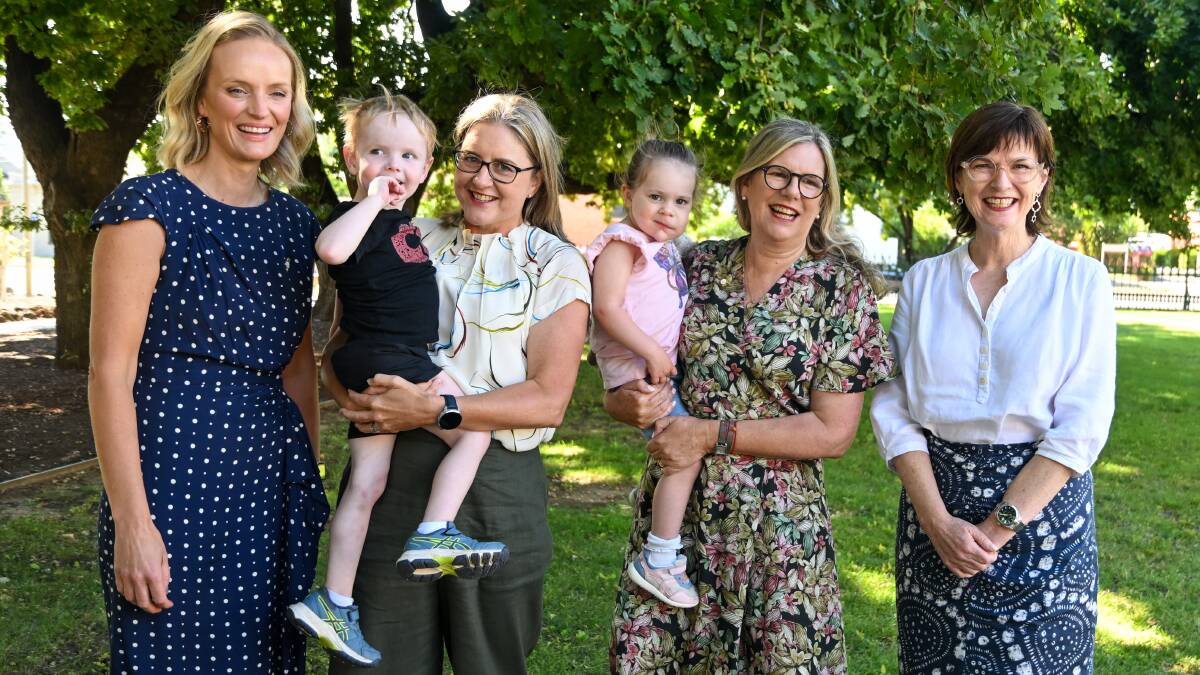 Good Friday Appeal executive director Rebecca Cowan, Premier Jacinta Allan with Ollie Robertson, Good Friday Appeal Board chairman Penny Fowler with Maisie Davies and Health Minister Mary-Anne Thomas. Picture by Enzo Tomasiello