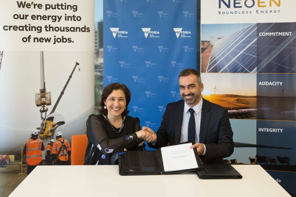 WORLD-FIRST: Minister Lily D'Ambrosio and Neoen Australia managing director Frank Woitiez sign off on the Bulgana wind farm which will power the Nectra Farms facility.