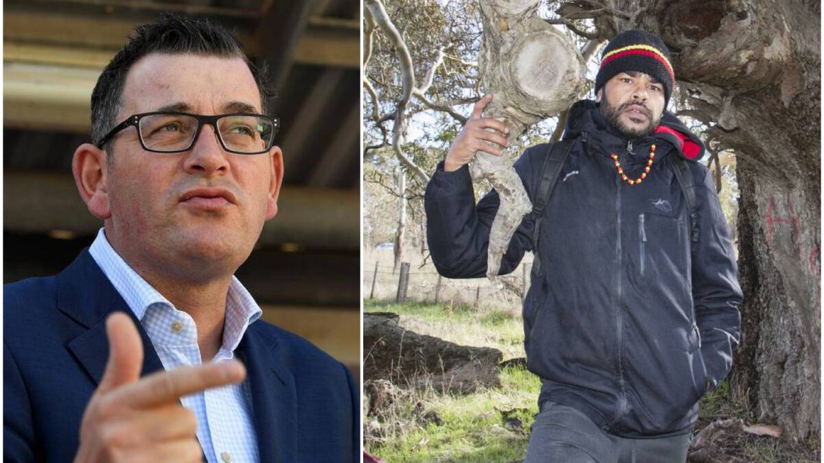 Victorian Premier Daniel Andrews (left) and protester Zellanach Gunai Curna (right) with an 800-year-old tree beside the Western Highway.