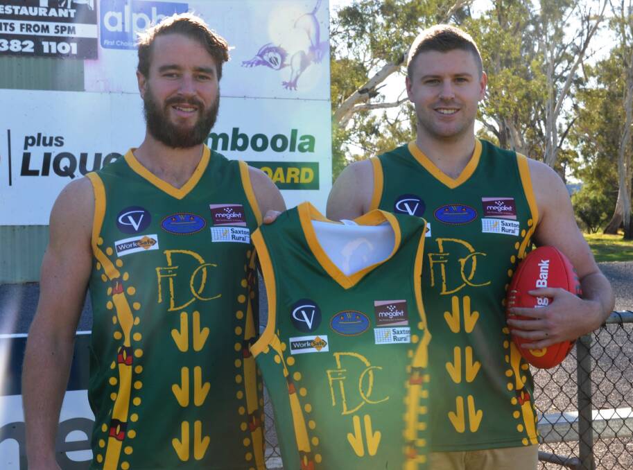 Darren Jones and Luke Hutchinson show Dimboola's indigenous jersey earlier this season.