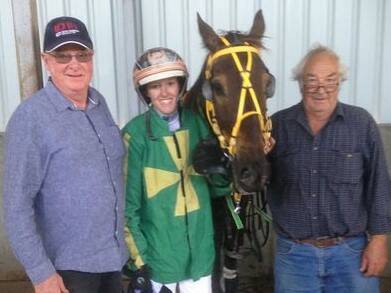 Owner David Work, driver Jackie Barker & trainer Phillip Giles with 11yo gelding Rock Albert after their victory at Horsham last week. "Rocky" and Jackie are set to go around in the seventh event at Ararat on Wednesday night. Picture: CONTRIBUTED