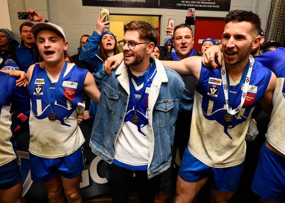 Crabtree sings the song with teammates after Waubra's 2019 premiership. Crabtree was forced to pull out due to injury. Picture: ADAM TRAFFORD/BALLARAT COURIER