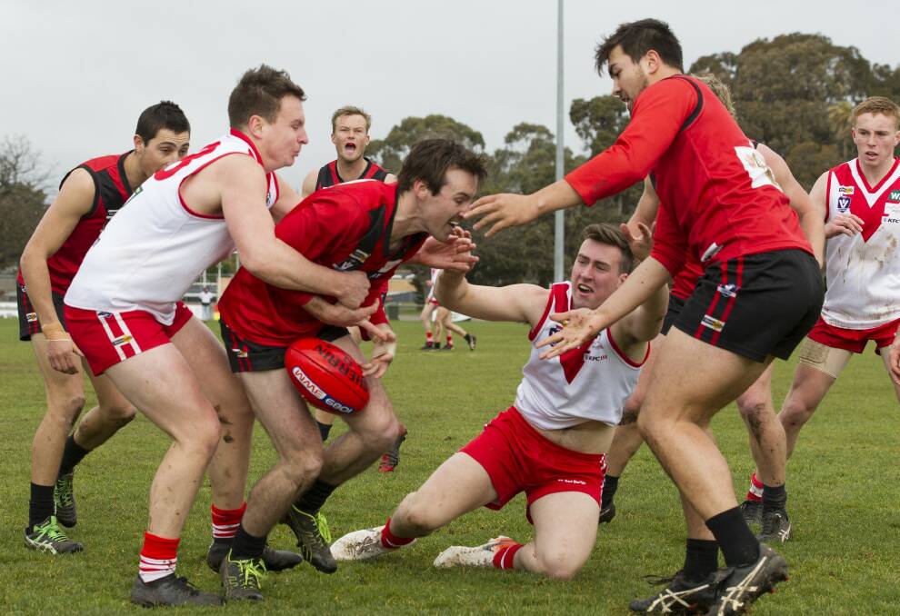 CLASH: The Stawell Warriors and the Ararat Rats during a 2019 hitout. Picture: PETER PICKERING 
