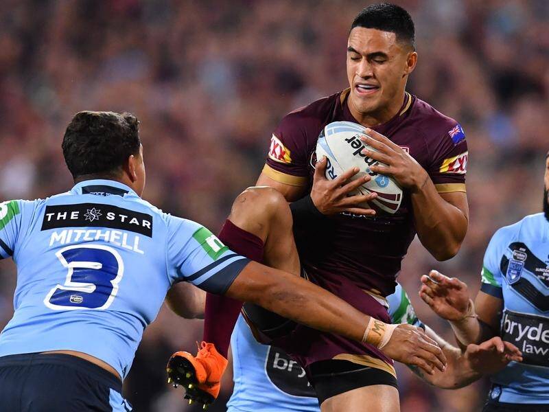Ex-Sharks mates Valentine Holmes (c) and Josh Addo-Carr (r) have big roles to play in Origin III.