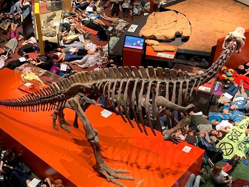 Activists have staged a "die-in" at the Queensland Museum to highlight the threat of climate change.