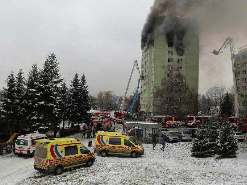 The block of flats was in flames following a deadly gas explosion in Presov, Slovakia.