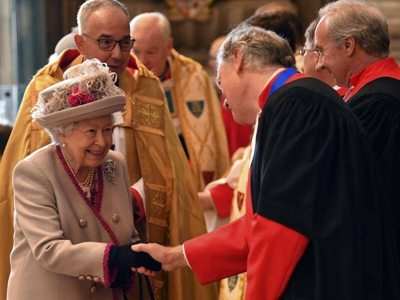 Queen Elizabeth arrives at the service to mark the 750th anniversary of Westminster Abbey in London.