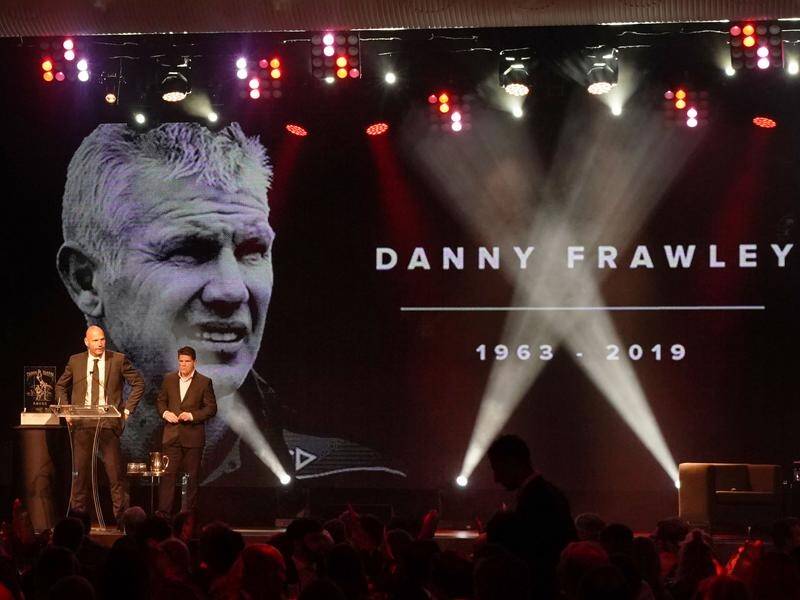 Former Saints players Stewart Loewe (left) and Robert Harvey paid moving tributes to Danny Frawley.