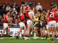 Essendon have scored a thrilling win over Adelaide after a late long bomb from Nic Martin (37). (Matt Turner/AAP PHOTOS)