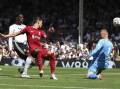Liverpool's Darwin Nunez, second from left, scores during the 2-2 draw at Fulham. (AP PHOTO)