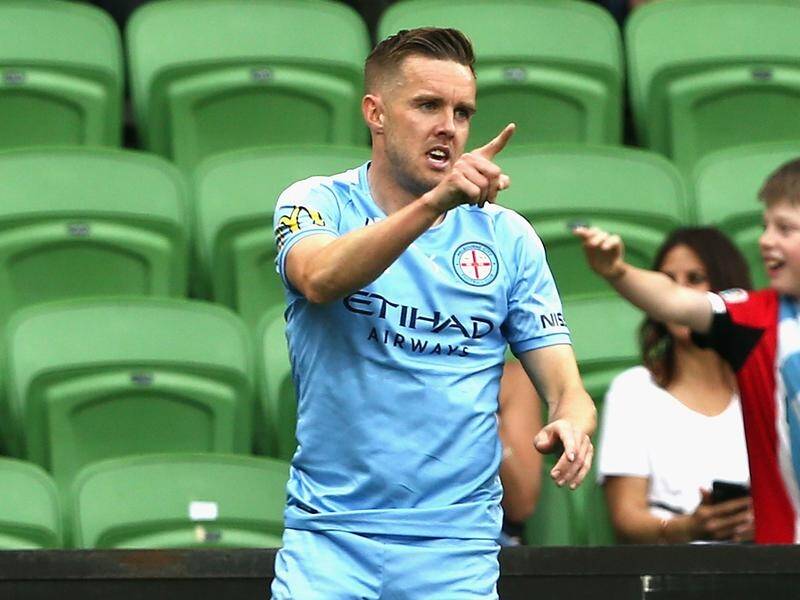 Craig Noone celebrates scoring the opener for Melbourne City in their win over Newcastle.