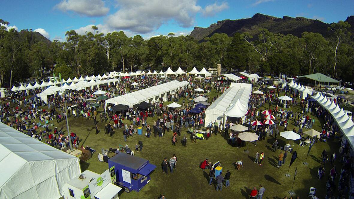 The Halls Gap Oval, home of the Grampians Grape Escape Festival, packed with exhibitors and patrons.