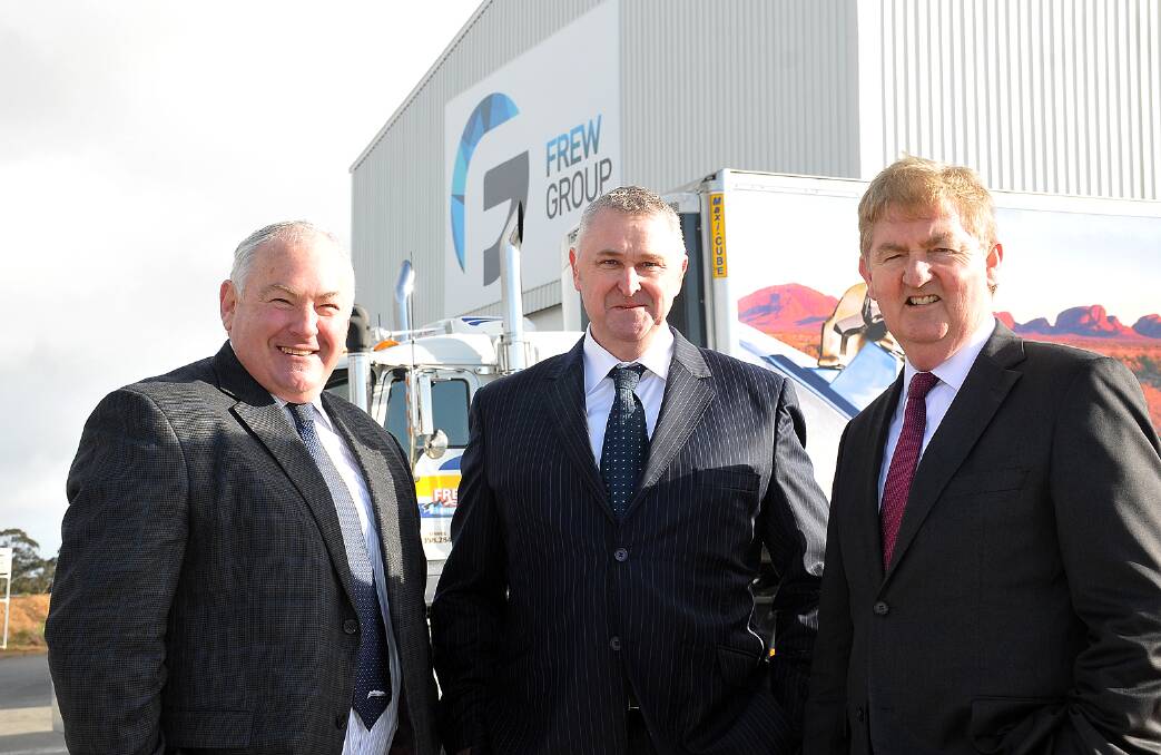 Northern Grampians Shire Mayor, Cr Kevin Erwin, Frew Group of Companies owner and managing director, Robert Frew and Deputy Premier and Minister for Regional and Rural Development, Peter Ryan at Thursday's official opening of a $2.1 million expansion of the Stawell abattoir. Picture: KERRI KINGSTON