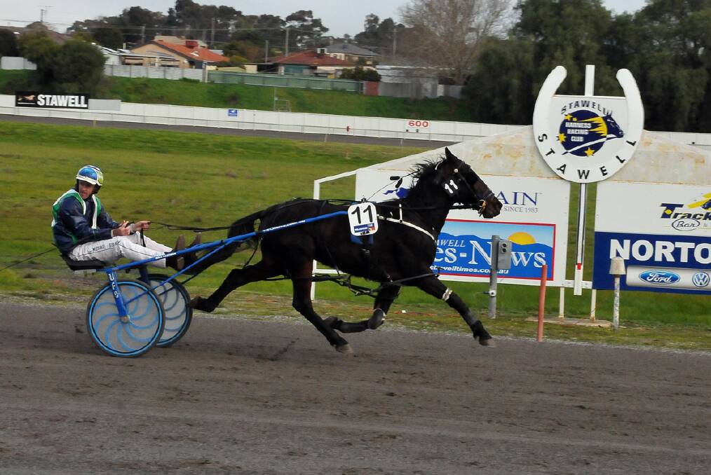 Usage, with Michael Sullivan at the controls, scores an easy victory in the Trackside Bar and Bistro Three Year Old Pace at Laidlaw Park. Picture: MARCUS MARROW