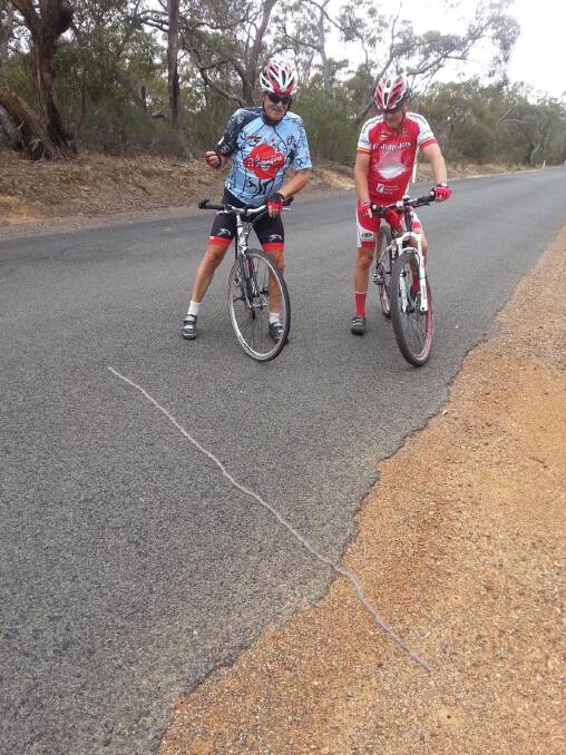 Cyclists Cliff Dudley and Tony Lloyd stop to watch the caterpillars move off the road.