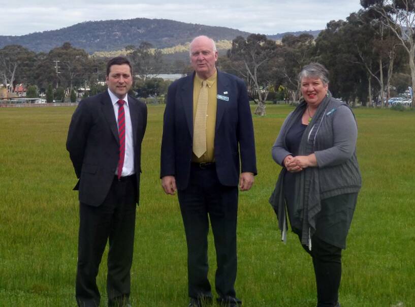 Northern Grampians Shire Councillor, Wayne Rice (centre) and chief executive officer Justine Linley (right) are pictured alongside Planning Minister Matthew Guy at the Western Highway development site. 