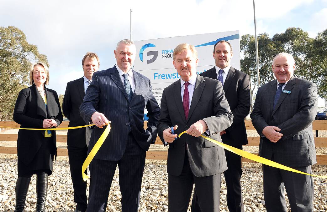 The Frew Group of Companies welcomed Deputy Premier Peter Ryan to its Stawell abattoir yesterday, to officially open the $2.1 million expansion. Mr Ryan and company owner Robert Frew (front) cut the ribbon, watched by (back) L-R Liberal Candidate for Ripon, Louise Staley, Member for Western Victoria, David O’Brien, The Nationals candidate for Ripon Scott Turner and Northern Grampians Shire Mayor, Cr Kevin Erwin. Picture: KERRI KINGSTON.