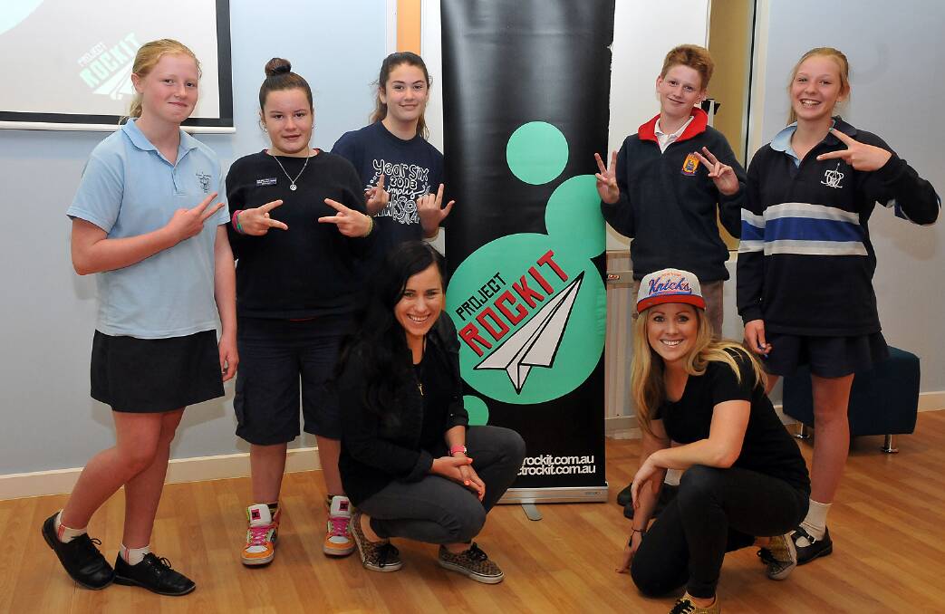 Pictured during a visit by members from Project Rockit at the Stawell Secondary School last year are students (back) Ashleigh, Shania, Sophie, Luke and Hannah; (front) Project Rockit founders Rosie and Lucy Thomas. Picture: KERRI KINGSTON