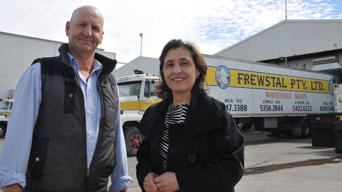 Industry Minister Lily D’Ambrosio was in Stawell on Wednesday and paid a visit to Frewstal to reaffirm her government’s pre-election commitment to support jobs and growth at the Stawell based abattoir. Ms D’Ambrosio is pictured with Frewstal general manager Greg Nicholls. Picture: BEN KIMBER.